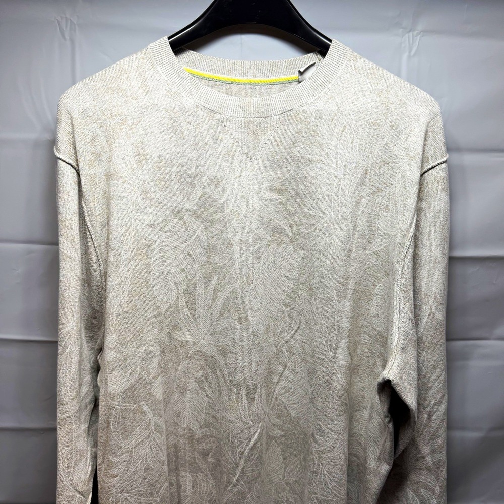 Tommy Bahama Sweater Mens XL Beige White Palm Print 100% Cotton Crewneck Knit